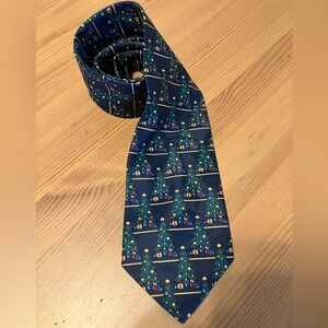 Navy Holiday Men's Necktie Christmas Tree Presents Ho Ho Ho Satin Finish Tie